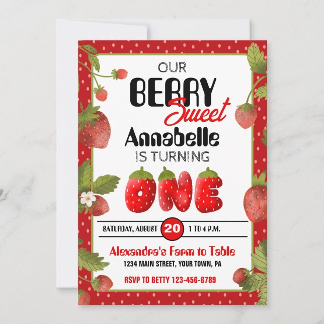 Fraise première fête d'anniversaire Invitation (Devant)