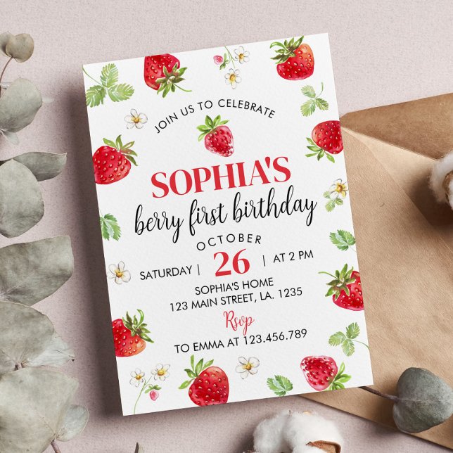 Fraise première invitation anniversaire Berry Swee (Créateur téléchargé)