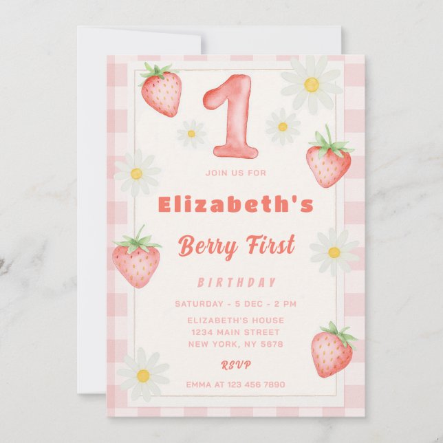 Fraise rose Invitation Anniversaire (Devant)