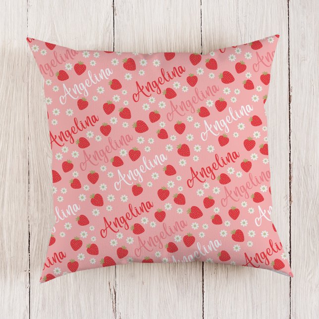 Fraise rose Nom personnalisé Filles Coussin (Créateur téléchargé)