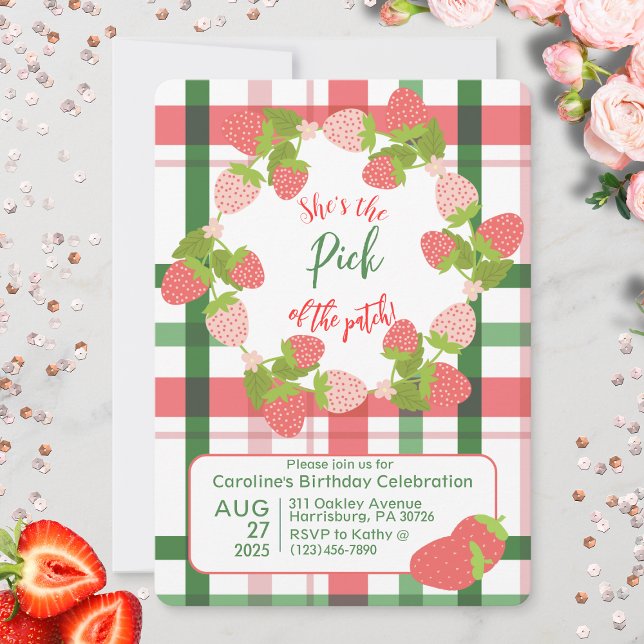 Fraise rose Vert Plaid Invitation Anniversaire (Strawberry "Pick of the Patch"  party invitation)