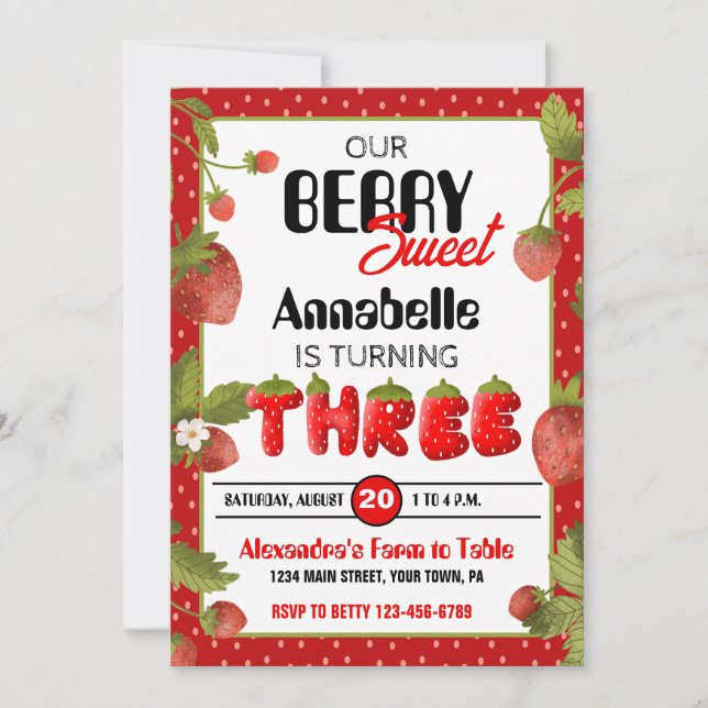 Fraise troisième fête d'anniversaire Invitation (Devant)