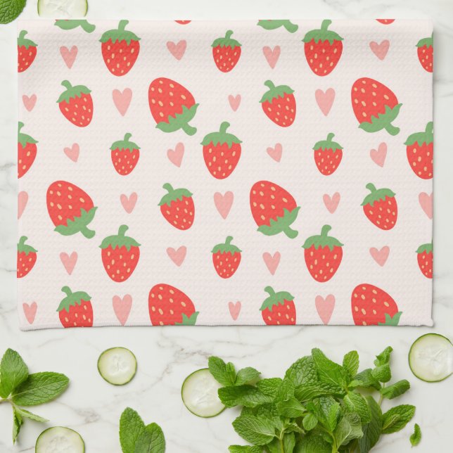 Fraises et Coeurs doux Serviette de cuisine (Plié)