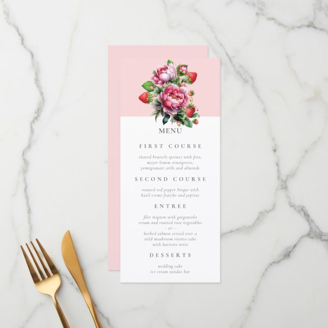 Fraises et pivoines Menu Mariage d'été (Devant/Arrière en situation)