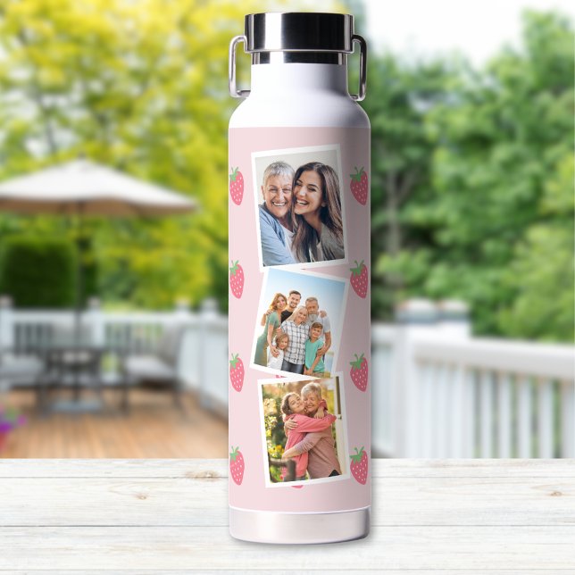 Fraises Photo Collage Bouteille d'eau (Photo Collage Water Bottle gift for mom, pink with cute strawberry pattern and your custom photos)