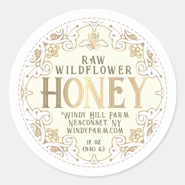 Frame Or Orné Bee Fleur de Lis Étiquette de miel (Devant)