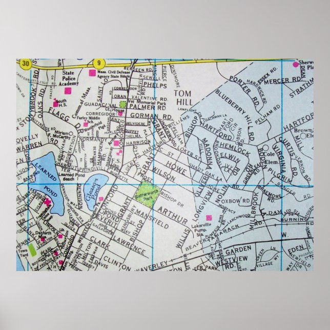 Framingham, MA Vintage Map Poster (Devant)