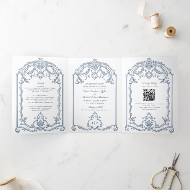 Français Bleu Ornat Baroque Tri-Fold Mariage (Intérieur)