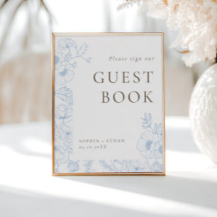 Français Blue Floral Line Art Livre d'or Poster