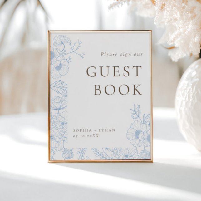 Français Blue Floral Line Art Livre d'or Poster (Créateur téléchargé)