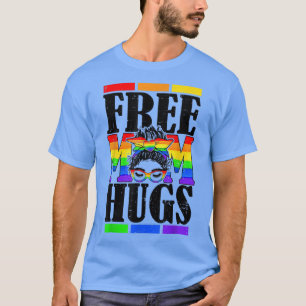 Free Mom Hugs Tshirt Rainbow Messy Bun LGBT Pride