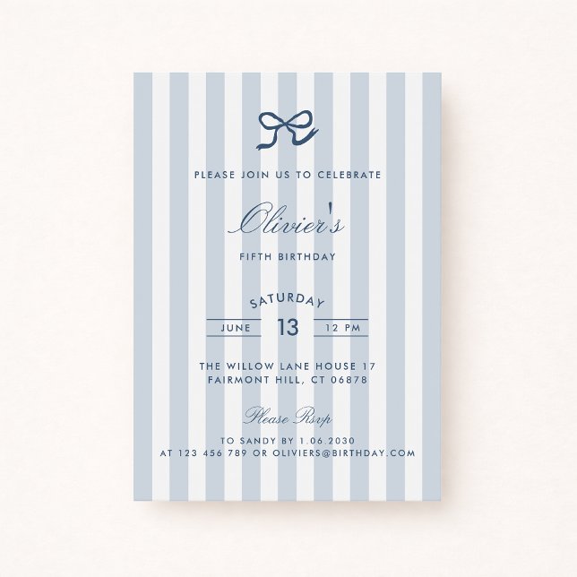 French Blue Bow & Stripes Boy Invitation d'anniver (Créateur téléchargé)