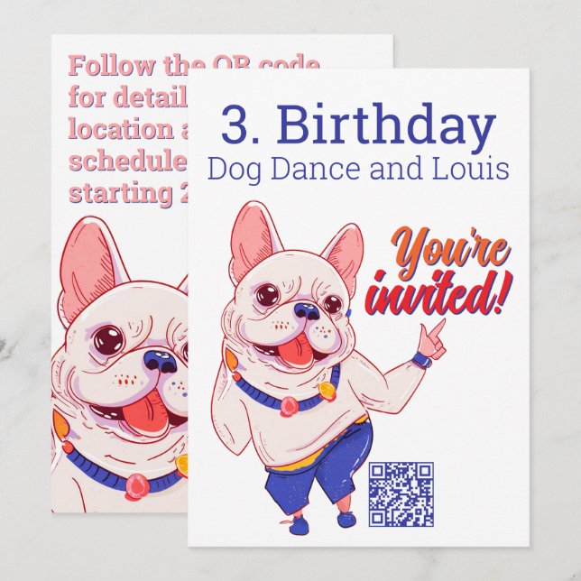 French Bulldog 3. Birthday Invitation  (Devant / Derrière)