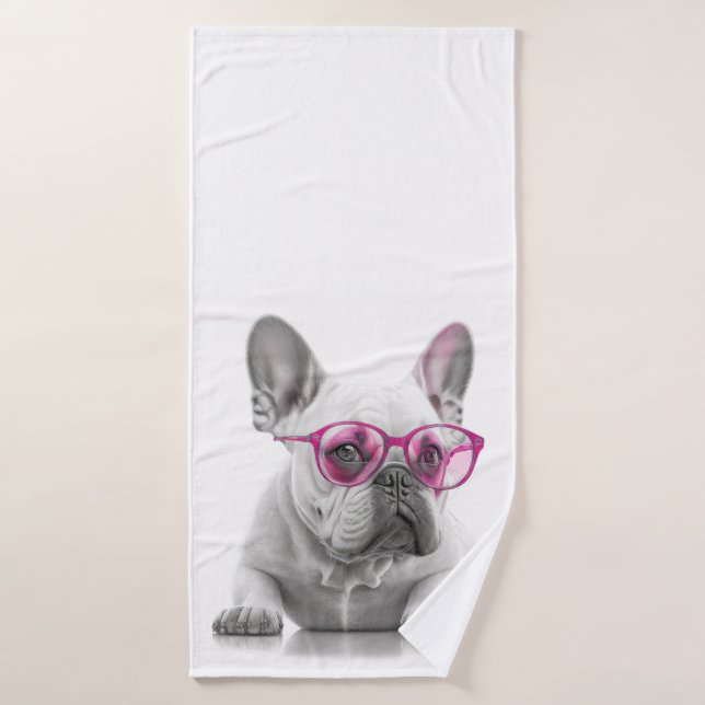 French Bulldog avec lunettes roses serviette de ba (Serviette de bain)