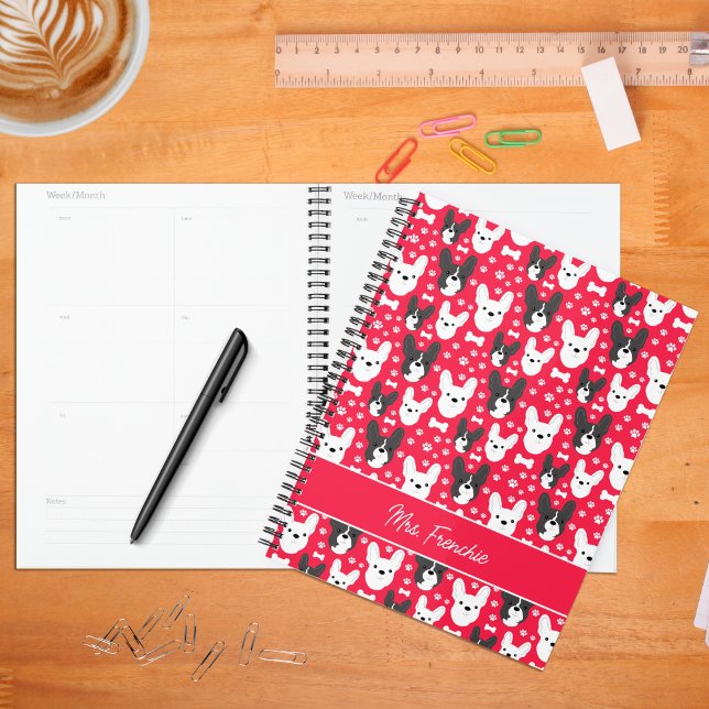 French Bulldog Motif hebdomadaire mensuel (Frenchies in Red Customized Planner)
