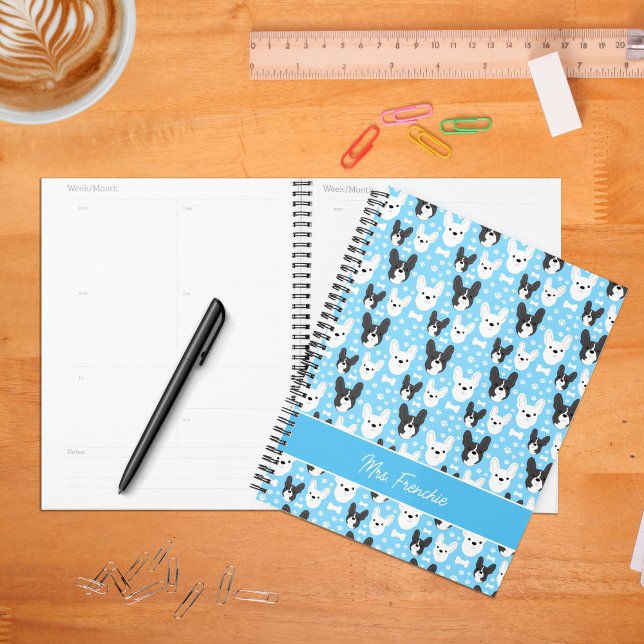 French Bulldog Motif hebdomadaire mensuel (Frenchies in Blue Personalized Planner)