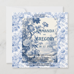 French Floral Toile Blue Invitation