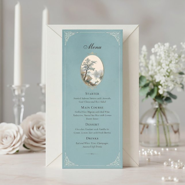 French Heron Dusty Blue Wedding Menu (Créateur téléchargé)