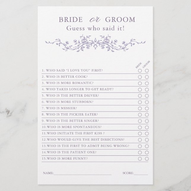French Lavender 'Bride or Groom' Bridal Game  (Devant)