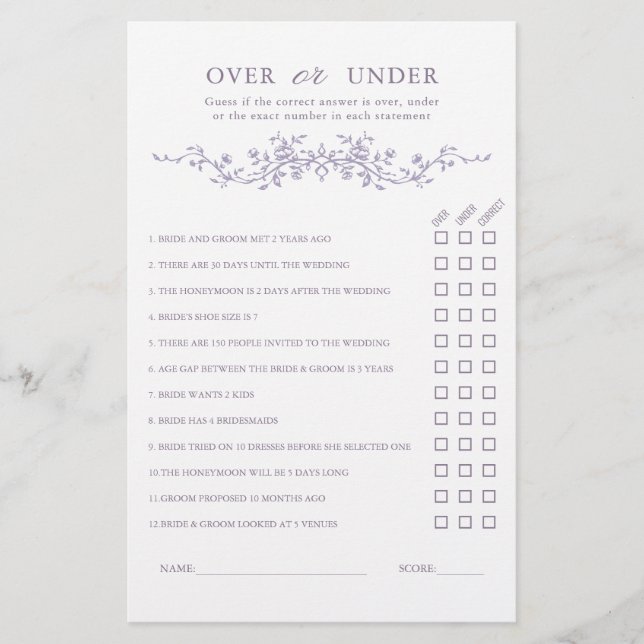 French Lavender 'Over or Under' Bridal Shower Game (Devant)