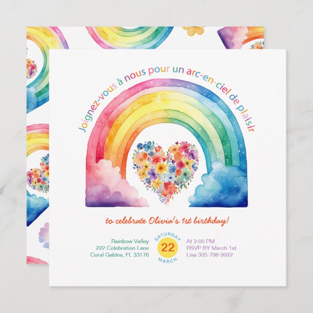 French Rainbow Girl Anniversaire Fête Invitation (Devant / Derrière)