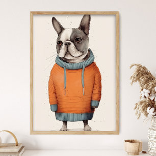 Frenchie au pull orange, déco de chien drôle, Grin