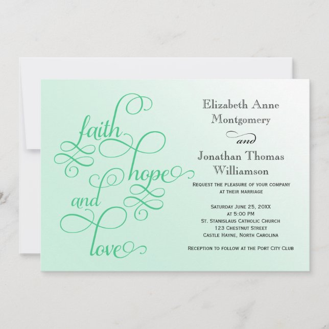 Fresh Mint Faith Hope and Love Wedding Invitation (Devant)