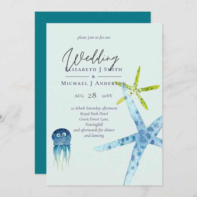 Fresh Modern Beach Ocean Life Mariages Invitations (Devant / Derrière)