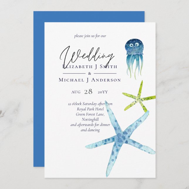 Fresh Modern Beach Ocean Life Mariages Invitations (Devant / Derrière)