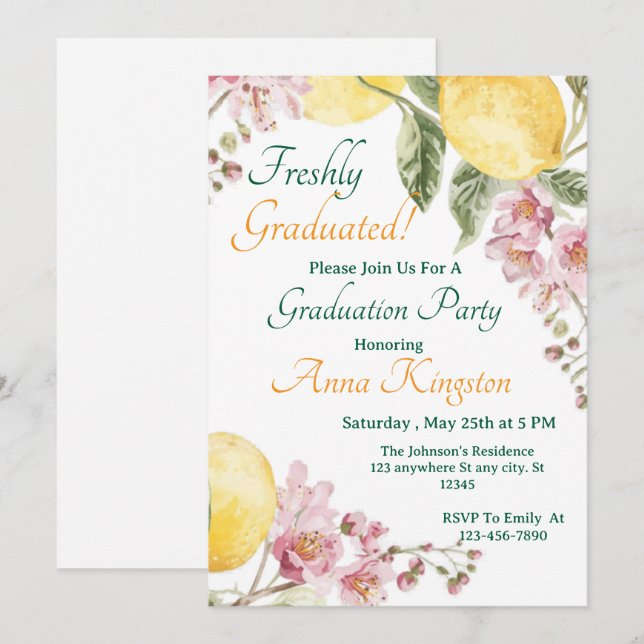 Freshly Graduated Lemon Pink Graduation Invitation (Devant / Derrière)