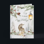 Friend Winter Woodland Scene Wolf Carte de voeux<br><div class="desc">Une magnifique carte d'hiver Woodland pour votre Ami. Ce dessin présente une aquarelle illustrant une scène de bois hivernal avec le loup. Vous pouvez utiliser cette carte pour n'importe quel séjour d'hiver,  juste pour dire penser à vous ou vous remercier</div>