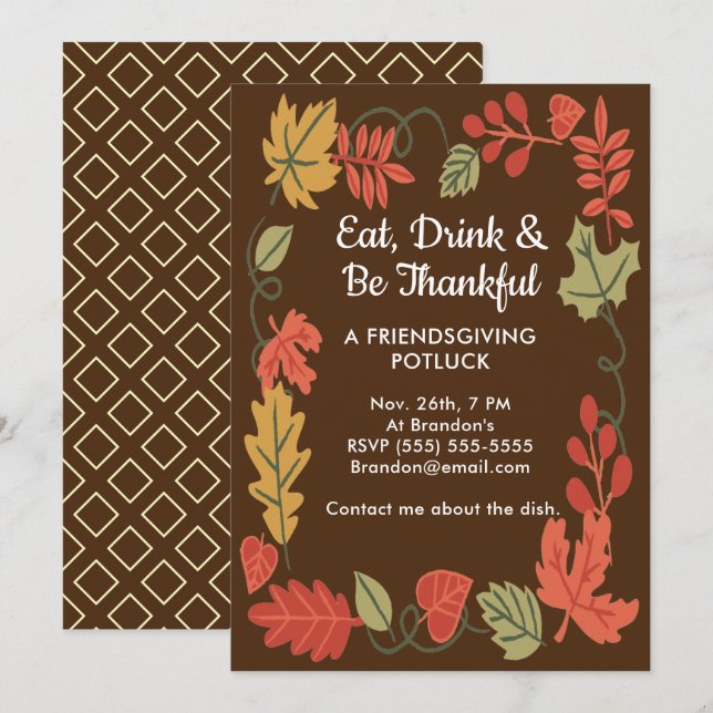 Friendsgiving Potluck Brown Thanksgiving Invitatio (Devant / Derrière)
