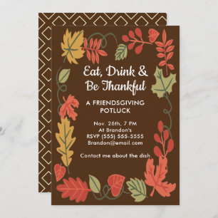 Friendsgiving Potluck Brown Thanksgiving Invitatio