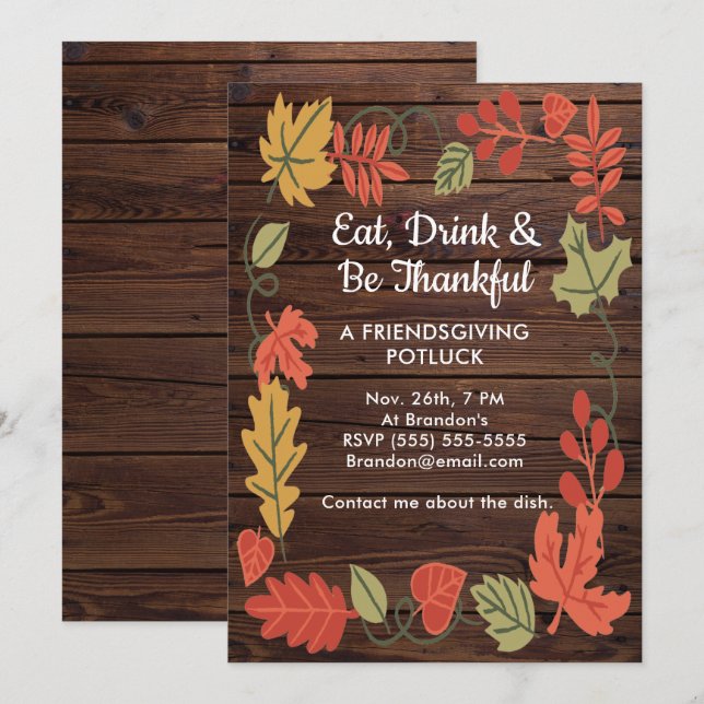 Friendsgiving Potluck Dark Brown Wood Invitation (Devant / Derrière)