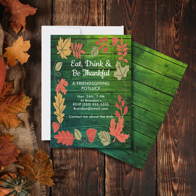 Friendsgiving Potluck Proep Color Green Wood Invit (Friendsgiving Potluck Deep Color Green Wood Invite)