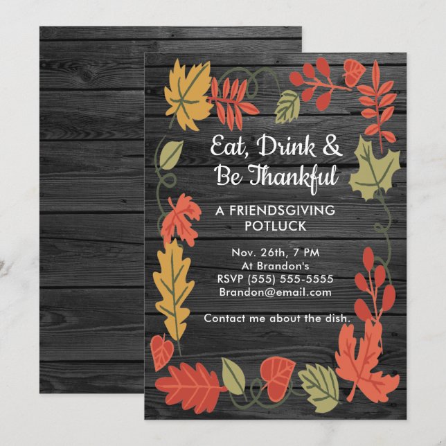 Friendsgiving Potluck Smoky Black Wood Invitation (Devant / Derrière)