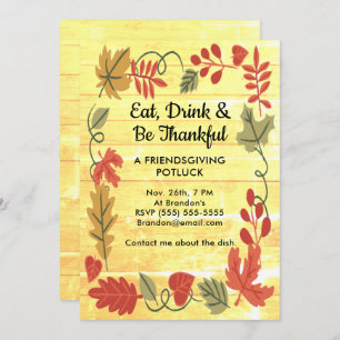 Friendsgiving Potluck Yellow Wood Design Invitatio