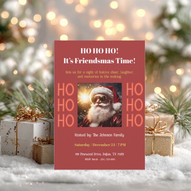 Friendsmas Party Invitation ・ Retro Christmas (Friendsmas invitation with Santa design, gold gifts, pine branches and soft festive lights.)