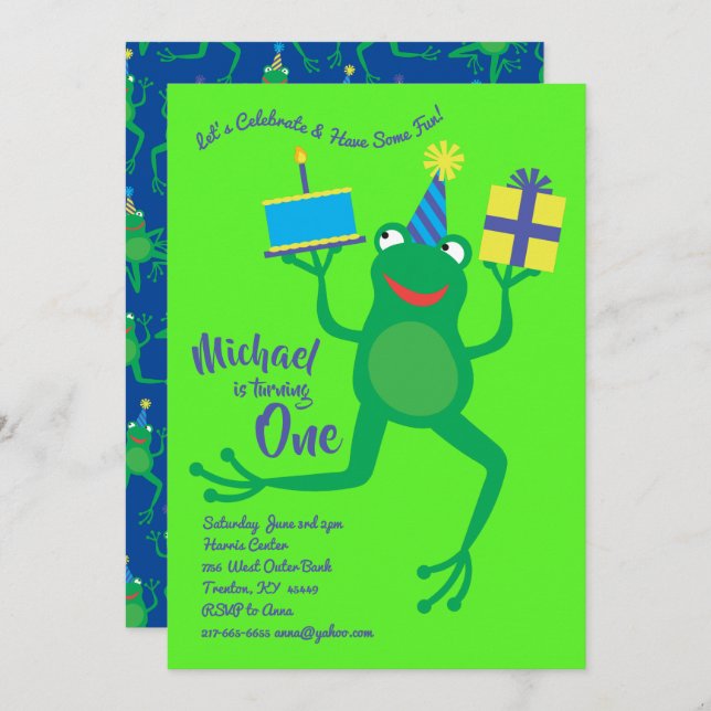 Frog Colorful 1er Birthday Cute Invitations (Devant / Derrière)