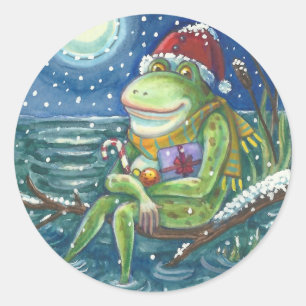 FROG PÈRE NOËL ON LOG, VACANCES NOËL STICKERS Rnd