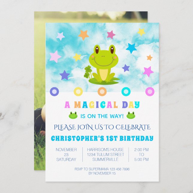 Frog Star 1er anniversaire fête Retro Invitation (Devant / Derrière)