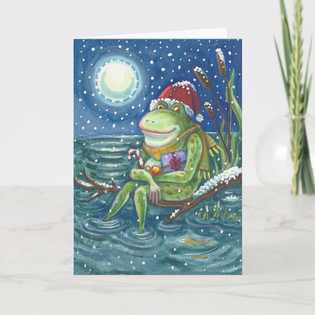 FROG SUR LE JOURNAL AMUSANT NOËL GREETING CARTE VE (Devant)