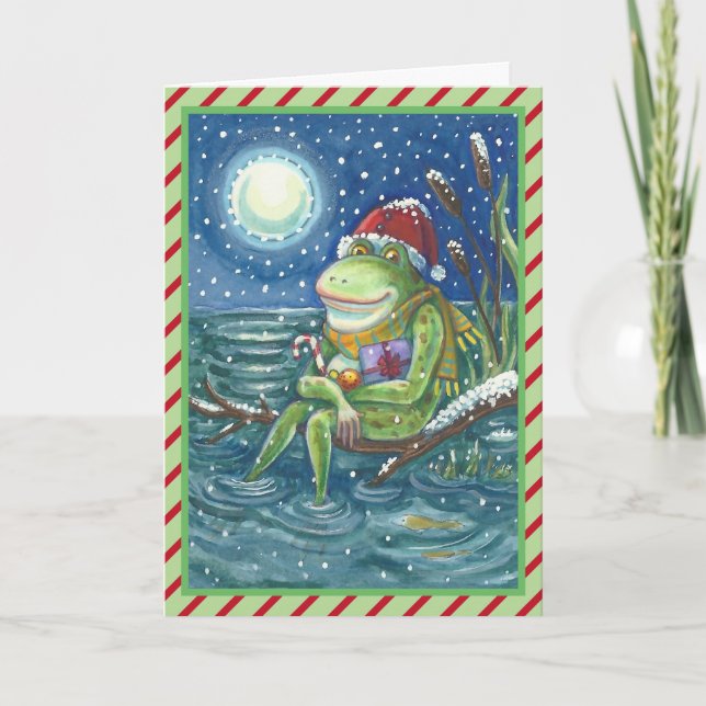 FROG SUR LE JOURNAL AMUSANT NOËL GREETING CARTE VE (Devant)