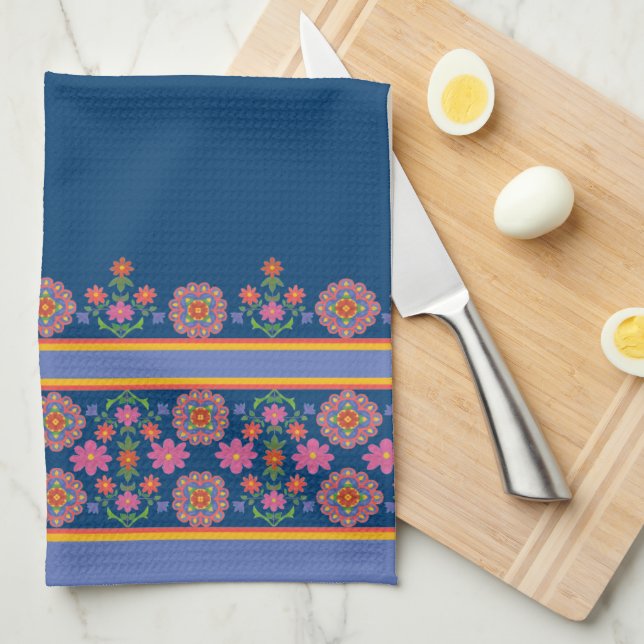 Frontière Motif Rangoli Floral, Serviette Cuisine  (Quart Plié)