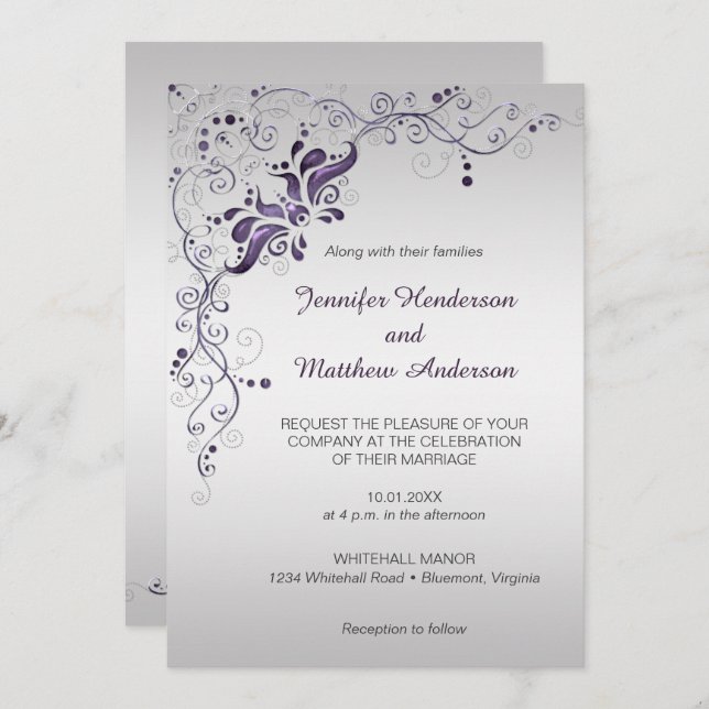 Frottes violettes ornées sur Faire-part de mariage (Devant / Derrière)