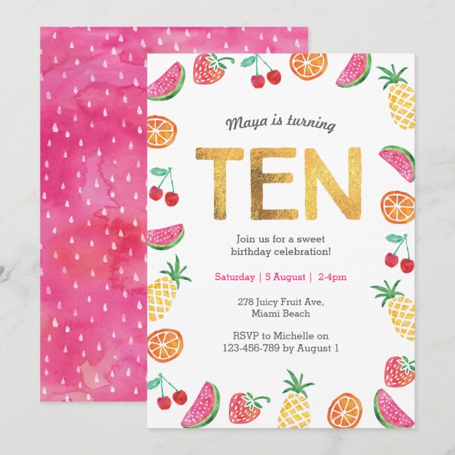 Fruit Tropical Gold 10e anniversaire Invitation (Devant / Derrière)