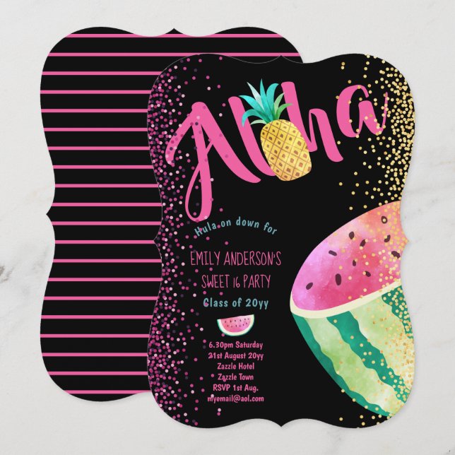 Fruité Tropical Sweet 16 Invitations Melon ALOHA (Devant / Derrière)