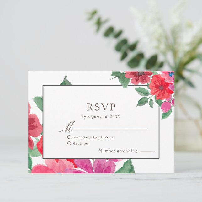 Fuchsia Aquarelle Floral Wedding RSVP (Debout devant)
