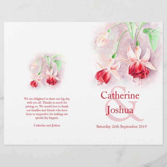 Fuchsia aquarelle rouge rose programme de mariage (Devant)