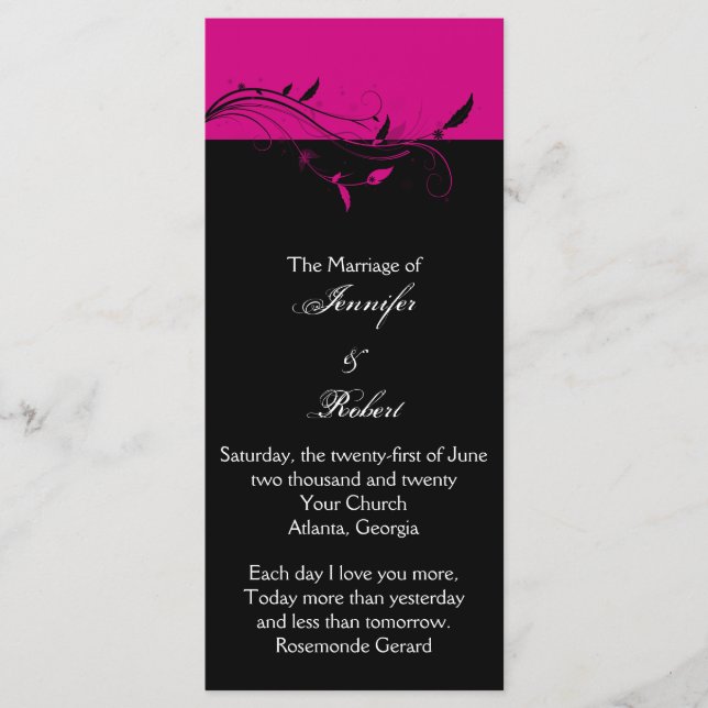 Fuchsia et Black Floral Filigree Wedding Programme (Devant)
